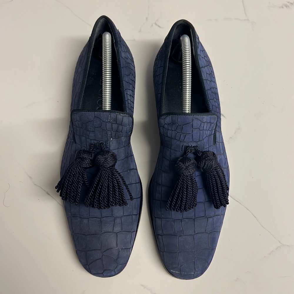 JIMMY CHOO men’s suede crocodile emboss loafers with tassels made in Italy